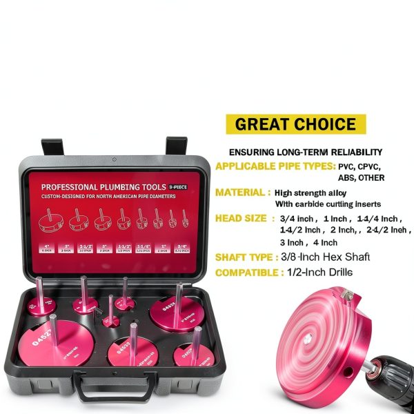 Premium 8Pcs PVC Pipe Reamer Kit - Complete Reamer Set, Fits Standard 1/2" Drills, Includes P3/4", 1", 1-1/4", 1-1/2", 2", 2-1/2", 3", 4" For Standard 1/2" Drills, Ideal for PVC, CPVC, ABS Pipes-2